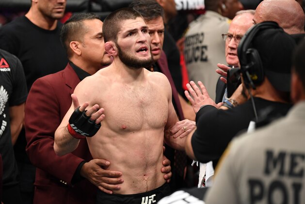 LAS VEGAS, NV - OCTOBER 06:  Khabib Nurmagomedov of Russia reacts following a post-fight incident during the UFC 229 event inside T-Mobile Arena on October 6, 2018 in Las Vegas, Nevada. (Photo by Jeff Bottari/Zuffa LLC/Zuffa LLC via Getty Images)