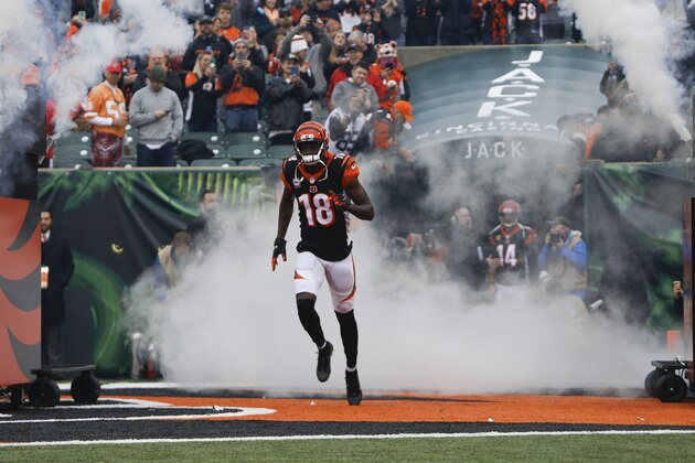 Cincinnati Bengals wide receiver A.J. Green (18) is introduced before an NFL football game against the Tampa Bay Buccaneers in Cincinnati, Sunday, Oct. 28, 2018. (AP Photo/Frank Victores)