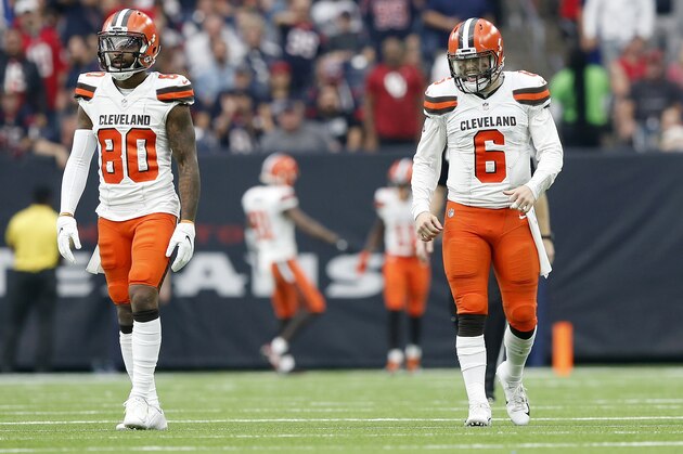 HOUSTON, TX - DECEMBER 02:  Baker Mayfield #6 of the Cleveland Browns reacts after a touchdown was called back due to a penalty in the third quarter against the Houston Texans at NRG Stadium on December 2, 2018 in Houston, Texas.  (Photo by Tim Warner/Getty Images)
