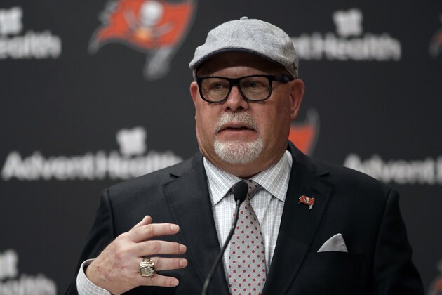 New Tampa Bay Buccaneers head coach Bruce Arians gestures as he is introduced during a news conference Thursday, Jan. 10, 2019, in Tampa, Fla. (AP Photo/Chris O'Meara)