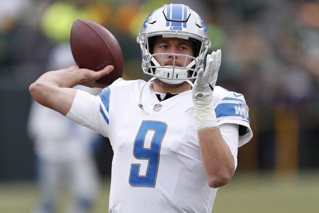 Detroit Lions' Matthew Stafford warms up before an NFL football game against the Green Bay Packers Sunday, Dec. 30, 2018, in Green Bay, Wis. The Packers won 34-20. (AP Photo/Matt Ludtke)