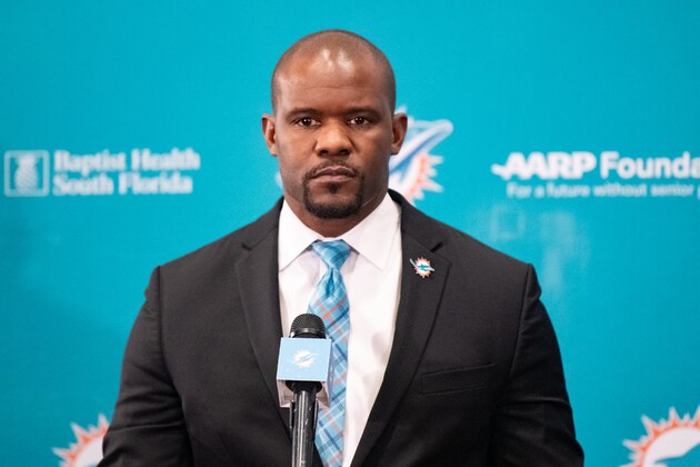 DAVIE, FL - FEBRUARY 04: Brian Flores speaks during a press conference as he is introduced as the new Head Coach of the Miami Dolphins at Baptist Health Training Facility at Nova Southern University on February 4, 2019 in Davie, Florida. (Photo by Mark Brown/Getty Images)