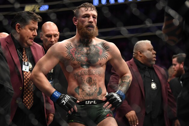 LAS VEGAS, NV - OCTOBER 06:  Conor McGregor of Ireland is involved in a post-fight incident following his loss to Khabib Nurmagomedov of Russia in their UFC lightweight championship bout during the UFC 229 event inside T-Mobile Arena on October 6, 2018 in Las Vegas, Nevada. (Photo by Jeff Bottari/Zuffa LLC/Zuffa LLC via Getty Images)