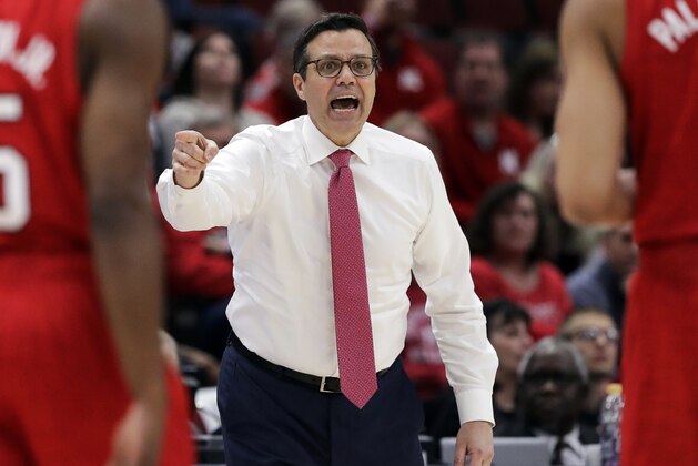 Nebraska head coach Tim Miles talks to his team during the first half of an NCAA college basketball game in the first round of the Big Ten Conference tournament against Rutgers in Chicago, Wednesday, March 13, 2019. Nebraska won 68-61. (AP Photo/Nam Y. Huh)