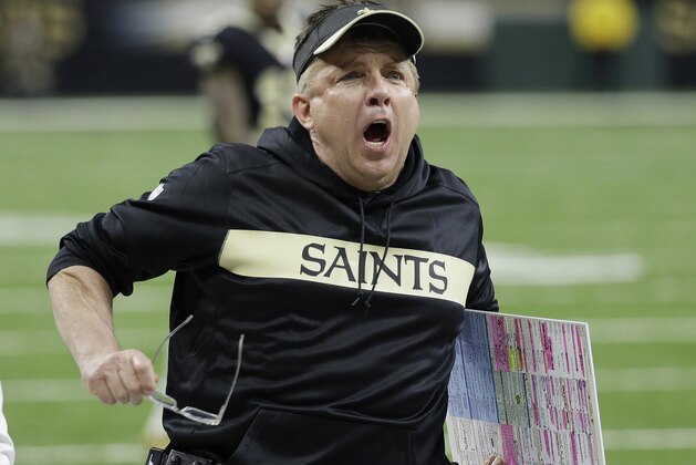 New Orleans Saints head coach Sean Payton reacts to a call during the second half of the NFL football NFC championship game against the Los Angeles Rams, Sunday, Jan. 20, 2019, in New Orleans. (AP Photo/David J. Phillip)