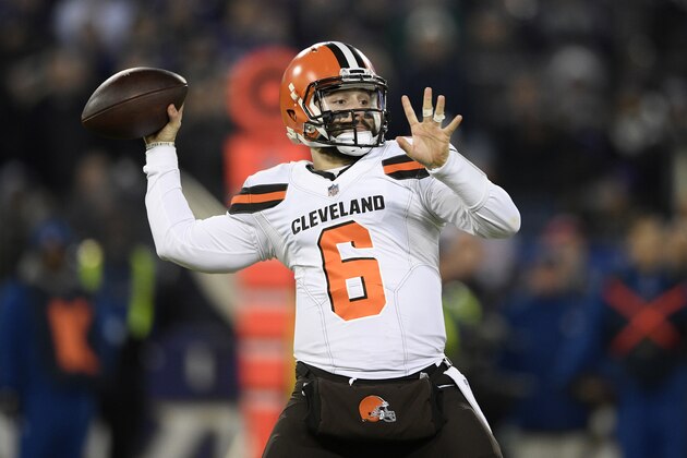 Cleveland Browns quarterback Baker Mayfield throws a pass in the first half of an NFL football game against the Baltimore Ravens, Sunday, Dec. 30, 2018, in Baltimore. (AP Photo/Nick Wass)