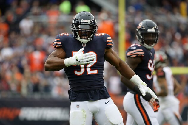 CHICAGO, IL - SEPTEMBER 30:  Khalil Mack #52 of the Chicago Bears celebrates after stripping the football in the second quarter against the Tampa Bay Buccaneers at Soldier Field on September 30, 2018 in Chicago, Illinois.  (Photo by Jonathan Daniel/Getty Images)