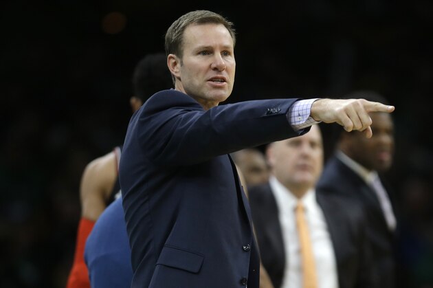Chicago Bulls coach Fred Hoiberg calls to his players during the first quarter of the team's NBA basketball game against the Boston Celtics in Boston, Wednesday, Nov. 14, 2018. (AP Photo/Charles Krupa)