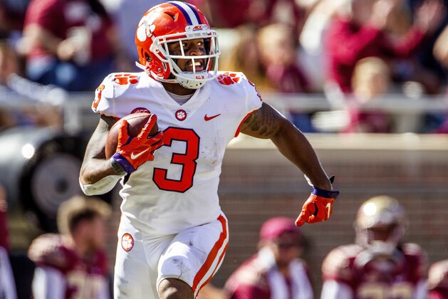 FILE - In this Oct. 27, 2018, file photo, Clemson wide receiver Amari Rodgers runs after a reception in the second half of an NCAA college football game against Florida State in Tallahassee, Fla. There’s little question where No. 2 Clemson has a clear edge on Notre Dame: It’s playoff experience. The undefeated Tigers are in their fourth straight College Football Playoff while the unbeaten Fighting Irish are in the final four for the first time. (AP Photo/Mark Wallheiser, File)