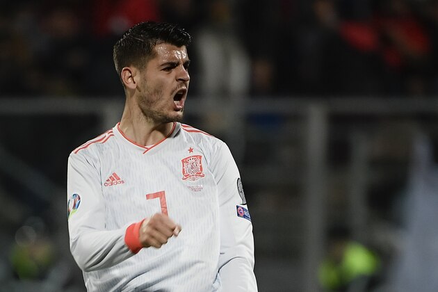 Spain's forward Alvaro Morata reacts during the Euro 2020 Group F qualifying football match Malta vs Spain on March 26, 2019 at the Ta' Qali Stadium in Malta. (Photo by Filippo MONTEFORTE / AFP)        (Photo credit should read FILIPPO MONTEFORTE/AFP/Getty Images)