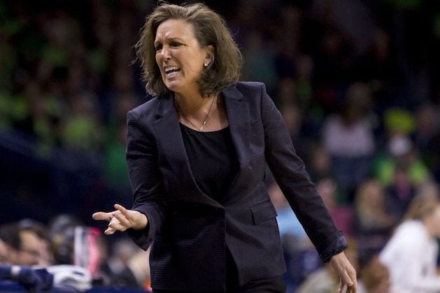 FILE - In this Feb. 3, 2019, file photo, Georgia Tech head coach MaChelle Joseph yells to her bench during an NCAA college basketball game against Notre Dame in South Bend, Ind. A lawyer for Georgia Tech coach MaChelle Joseph says the coach hasn't been told why she has been suspended and is left to assume the action is retaliation for her concerns about gender equity matters. Joseph's lawyer, Lisa Banks, said in a statement to The Associated Press on Thursday, Feb. 28, 2019, that Georgia Tech