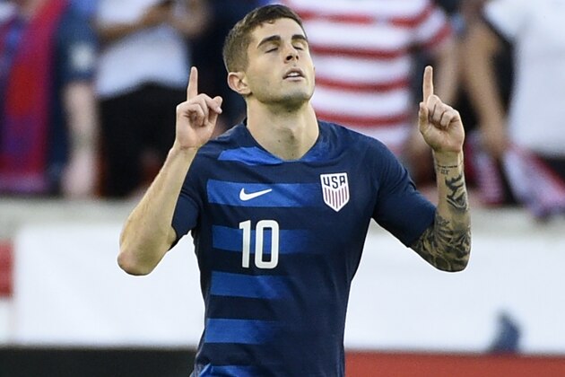 United States midfielder Christian Pulisic celebrates his during the first half of an international friendly soccer match against Chile, Tuesday, March 26, 2019, in Houston. (AP Photo/Eric Christian Smith)