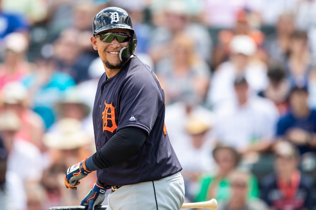 FORT MYERS, FL- MARCH 11: Miguel Cabrera #24 of the Detroit Tigers looks on during a spring training game against the Minnesota Twins on March 11, 2019 at the Hammond Stadium in Fort Myers, Florida. (Photo by Brace Hemmelgarn/Minnesota Twins/Getty Images)