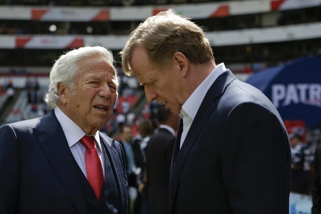 NFL Commissioner Roger Goodell, right, talks with New England Patriots owner Robert Kraft before the Patriots face the Oakland Raiders in an NFL football game Sunday, Nov. 19, 2017, in Mexico City. (AP Photo/Rebecca Blackwell)