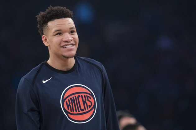 New York Knicks forward Kevin Knox warms up before the start of an NBA basketball game against the Utah Jazz, Wednesday, March 20, 2019, at Madison Square Garden in New York. (AP Photo/Mary Altaffer)
