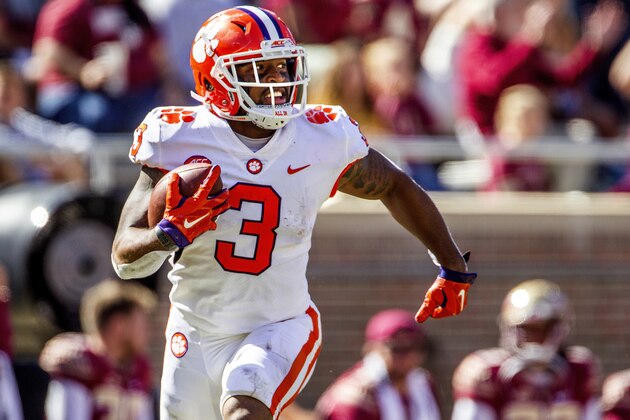 FILE - In this Oct. 27, 2018, file photo, Clemson wide receiver Amari Rodgers runs after a reception in the second half of an NCAA college football game against Florida State in Tallahassee, Fla. There’s little question where No. 2 Clemson has a clear edge on Notre Dame: It’s playoff experience. The undefeated Tigers are in their fourth straight College Football Playoff while the unbeaten Fighting Irish are in the final four for the first time. (AP Photo/Mark Wallheiser, File)