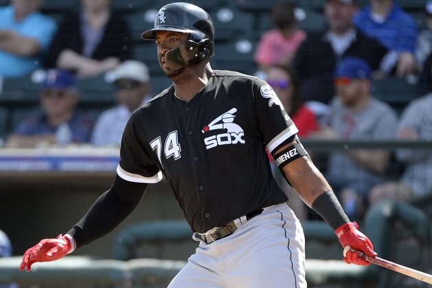 SURPRISE, ARIZONA - MARCH 01:  Eloy Jimenez #74 of the Chicago White Sox bats against the Texas Rangers on March 1, 2019 at Billy Parker Field at Surprise Stadium in Surprise Arizona.  (Photo by Ron Vesely/MLB Photos via Getty Images)