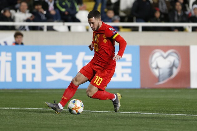 Belgium's forward Eden Hazard runs with the ball during the Euro 2020 Group I football qualification match between Cyprus and Belgium at the GSP Stadium in Nicosia, on March 24, 2019. (Photo by Matthieu CLAVEL / AFP)        (Photo credit should read MATTHIEU CLAVEL/AFP/Getty Images)