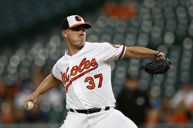 Baltimore Orioles starting pitcher Dylan Bundy throws to the Oakland Athletics in the first inning of a baseball game, Thursday, Sept. 13, 2018, in Baltimore. (AP Photo/Patrick Semansky)