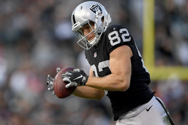 OAKLAND, CA - DECEMBER 02:  Jordy Nelson #82 of the Oakland Raiders catches a pass against the Kansas City Chiefs during the second half of their NFL football game at Oakland-Alameda County Coliseum on December 2, 2018 in Oakland, California.  (Photo by Thearon W. Henderson/Getty Images)