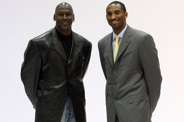 LAS VEGAS - FEBRUARY 17:  (L-R) Michael Jordan and Kobe Bryant of the Los Angeles Lakers pose for a portrait on All-Star Saturday Night during the NBA All-Star Weekend on February 17, 2007 at the Thomas & Mack Center in Las Vegas, Nevada. NOTE TO USER: User expressly acknowledges and agrees that, by downloading and or using this photograph, User is consenting to the terms and conditions of the Getty Images License Agreement. Mandatory Copyright Notice: Copyright 2007 NBAE  (Photo by Jesse D. Garrabrant/NBAE/Getty Images)