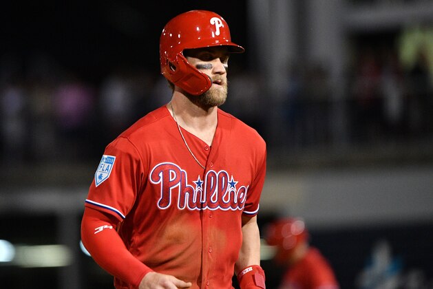 TAMPA, FL - MARCH 13: Bryce Harper #3 of the Philadelphia Phillies in action during the spring training game against the New York Yankees at Steinbrenner Field on March 13, 2019 in Tampa, Florida. (Photo by Mark Brown/Getty Images)