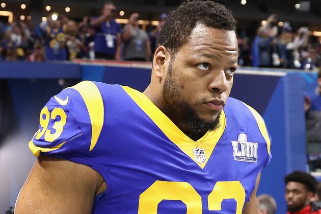 ATLANTA, GA - FEBRUARY 03:  Ndamukong Suh #93 of the Los Angeles Rams enters the field during warmups prior to Super Bowl LIII against the New England Patriots at Mercedes-Benz Stadium on February 3, 2019 in Atlanta, Georgia.  (Photo by Jamie Squire/Getty Images)