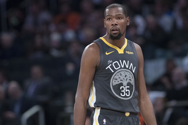 Golden State Warriors forward Kevin Durant reacts during the second half of an NBA basketball game against the New York Knicks, Friday, Oct. 26, 2018, at Madison Square Garden in New York. The Warrior won 128-100. (AP Photo/Mary Altaffer)