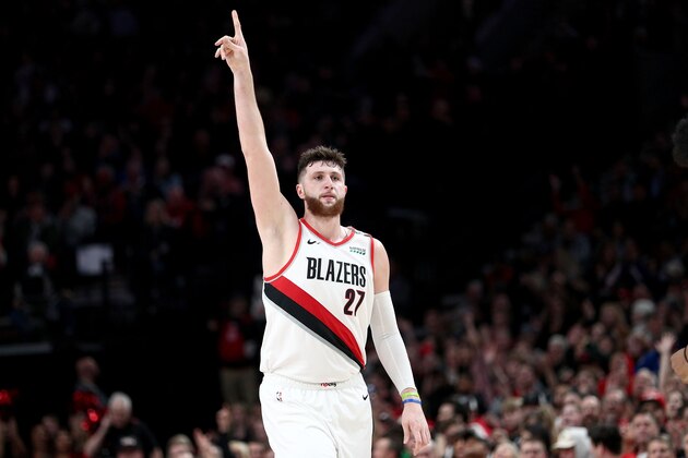 PORTLAND, OR - MARCH 25:  Jusuf Nurkic #27 of the Portland Trail Blazers celebrates after making a three point basket in the fourth quarter against the Brooklyn Nets during their game at Moda Center on March 25, 2019 in Portland, Oregon. NOTE TO USER: User expressly acknowledges and agrees that, by downloading and or using this photograph, User is consenting to the terms and conditions of the Getty Images License Agreement.  (Photo by Abbie Parr/Getty Images)