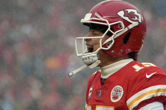 Kansas City Chiefs quarterback Patrick Mahomes (15) yells during player introductions before an NFL divisional football playoff game against the Indianapolis Colts in Kansas City, Mo., Saturday, Jan. 12, 2019. (AP Photo/Ed Zurga)