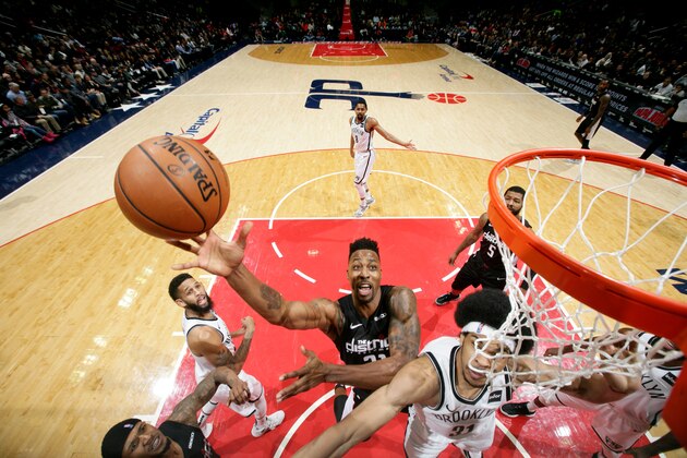WASHINGTON, DC -  NOVEMBER 16: Dwight Howard #21 of the Washington Wizards shoots the ball against the Brooklyn Nets on November 16, 2018 at Capital One Arena in Washington, DC. NOTE TO USER: User expressly acknowledges and agrees that, by downloading and or using this Photograph, user is consenting to the terms and conditions of the Getty Images License Agreement. Mandatory Copyright Notice: Copyright 2018 NBAE (Photo by Ned Dishman/NBAE via Getty Images)