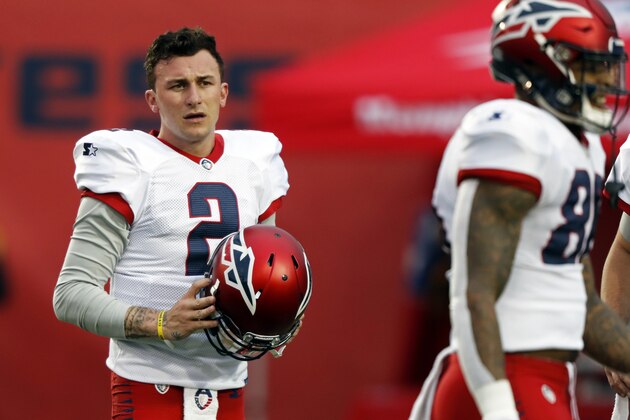 Memphis Express quarterback Johnny Manziel is seen during warms ups before an AAF football game against the Birmingham Iron, Sunday, March 24, 2019, at Liberty Bowl Memorial Stadium in Memphis, Tenn. (AP Photo/Wade Payne)