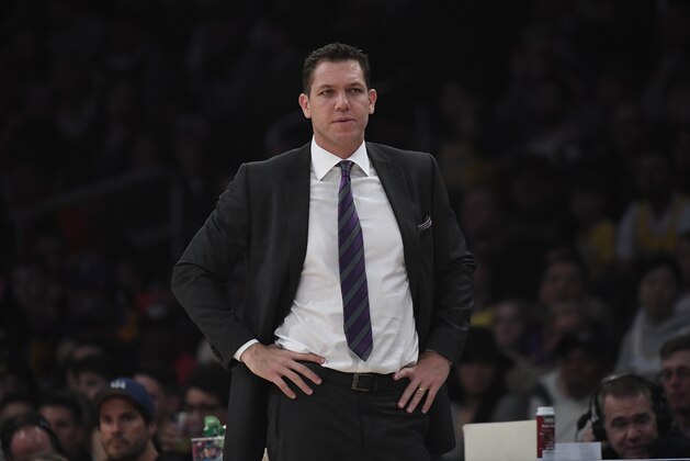 LOS ANGELES, CA - MARCH 22: Head coach Luke Walton of the Los Angeles Lakers follows the action during the basketball game against Brooklyn Nets at Staples Center on March 22, 2019 in Los Angeles, California. NOTE TO USER: User expressly acknowledges and agrees that, by downloading and or using this photograph, User is consenting to the terms and conditions of the Getty Images License Agreement. (Photo by Kevork Djansezian/Getty Images)