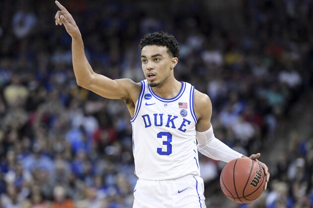 Duke guard Tre Jones (3) calls a play during the first half of a second-round game in the NCAA men's college basketball tournament Sunday, March 24, 2019, in Columbia, S.C. Duke defeated Central Florida 77-76. (AP Photo/Sean Rayford)