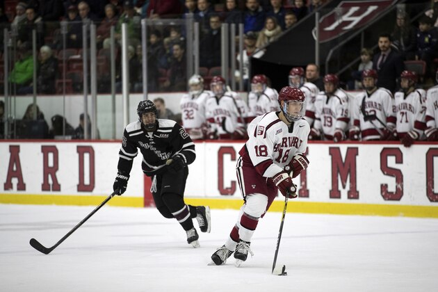 Harvard University defenseman Adam Fox (18) carries the puck up the ice during an NCAA hockey game against Union College on Friday, Feb. 8, 2019 in Boston (AP Photo/ Damian Strohmeyer )