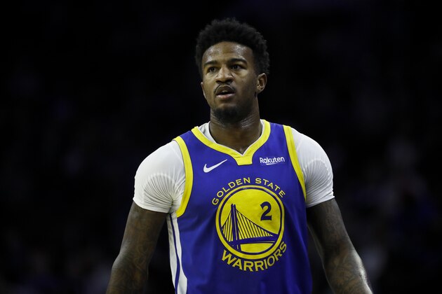 Golden State Warriors' Jordan Bell in action during an NBA basketball game against the Philadelphia 76ers, Saturday, March 2, 2019, in Philadelphia. (AP Photo/Matt Slocum)
