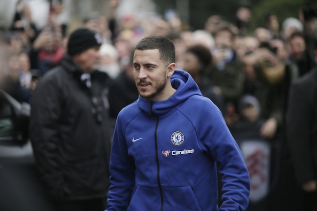 Chelsea's Eden Hazard arrives prior to the start of the English Premier League soccer match between Fulham and Chelsea at Craven Cottage stadium in London, England, Sunday, March 3, 2019. (AP Photo/Tim Ireland)