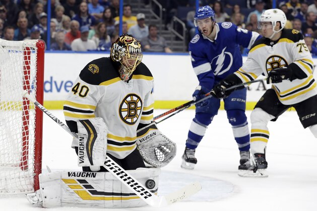 Boston Bruins goaltender Tuukka Rask (40) stops a shot by the Tampa Bay Lightning as Lightning's Brayden Point (21) battles defenseman Connor Clifton (75) for a rebound during the second period of an NHL hockey game Monday, March 25, 2019, in Tampa, Fla. (AP Photo/Chris O'Meara)