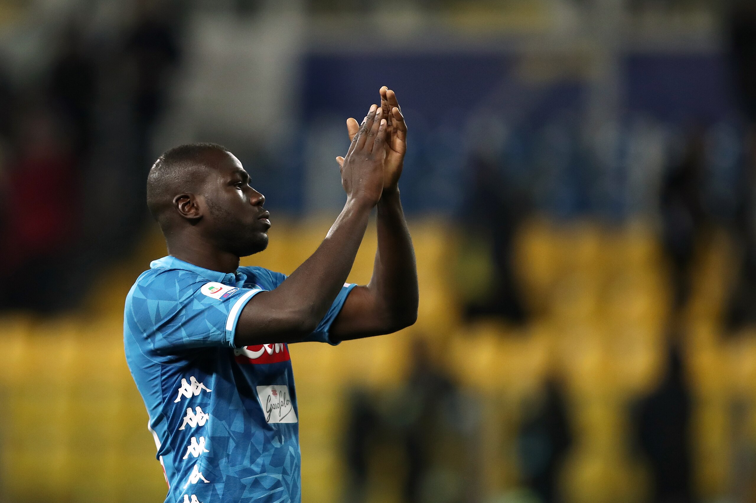 Napoli's Senegalese defender Kalidou Koulibaly celebrates after winning the Italian Serie A football match between Parma and Napoli at the Ennio Tardini Stadium in Parma on February 24, 2019. (Photo by Isabella BONOTTO / AFP) (Photo credit should read ISABELLA BONOTTO/AFP/Getty Images) Napoli's Senegalese defender Kalidou Koulibaly celebrates after winning the Italian Serie A football match between Parma and Napoli at the Ennio Tardini Stadium in Parma on February 24, 2019. (Photo by Isabella BONOTTO / AFP) (Photo credit should read ISABELLA BONOTTO/AFP/Getty Images)