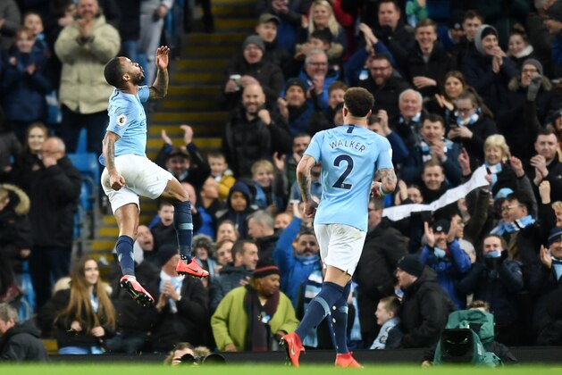 MANCHESTER, ENGLAND - MARCH 09: Raheem Sterling of Manchester City celebrates after scoring his team's third goal during the Premier League match between Manchester City and Watford FC at Etihad Stadium on March 09, 2019 in Manchester, United Kingdom. (Photo by Michael Regan/Getty Images)