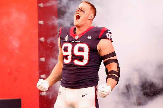 HOUSTON, TEXAS - DECEMBER 30: J.J. Watt #99 of the Houston Texans is introduced to the crowd before a football game against the Jacksonville Jaguars at NRG Stadium on December 30, 2018 in Houston, Texas. (Photo by Bob Levey/Getty Images)