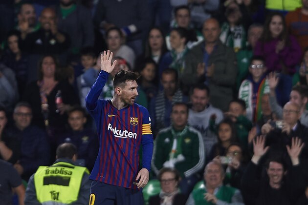 SEVILLE, SPAIN - MARCH 17: Lionel Messi of FC Barcelona celebrates after scoring his team's fourth goal during the La Liga match between Real Betis Balompie and FC Barcelona at Estadio Benito Villamarin on March 17, 2019 in Seville, Spain. (Photo by Quality Sport Images/Getty Images)