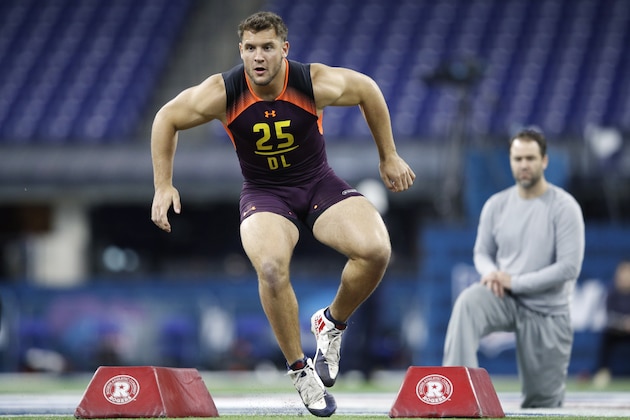 INDIANAPOLIS, IN - MARCH 03: Defensive lineman Nick Bosa of Ohio State in action during day four of the NFL Combine at Lucas Oil Stadium on March 3, 2019 in Indianapolis, Indiana. (Photo by Joe Robbins/Getty Images)