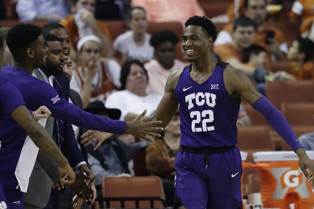 TCU guard RJ Nembhard (22) celebrates with teammates after scoring against Texas during the second half of an NCAA college basketball game, Saturday, March 9, 2019, in Austin, Texas. (AP Photo/Eric Gay)
