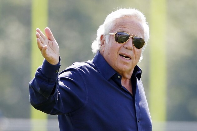 New England Patriots owner Robert Kraft waves to the crowd during NFL football training camp, Friday, July 28, 2017, in Foxborough, Mass. (AP Photo/Michael Dwyer)