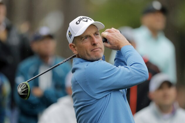 Jim Furyk drives off the fifth tee during the final round of The Players Championship golf tournament Sunday, March 17, 2019, in Ponte Vedra Beach, Fla. (AP Photo/Gerald Herbert)