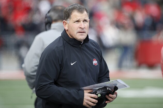 COLUMBUS, OH - NOVEMBER 11: Defensive coordinator Greg Schiano of the Ohio State Buckeyes looks on during a game against the Michigan State Spartans at Ohio Stadium on November 11, 2017 in Columbus, Ohio. Ohio State won 48-3. (Photo by Joe Robbins/Getty Images)
