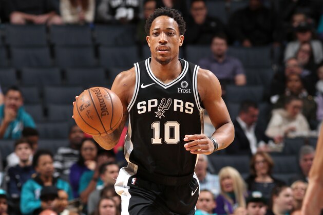CHARLOTTE, NC - MARCH 26: DeMar DeRozan #10 of the San Antonio Spurs handles the ball against the Charlotte Hornets on March 26, 2019 at the Spectrum Center in Charlotte, North Carolina. NOTE TO USER: User expressly acknowledges and agrees that, by downloading and/or using this photograph, user is consenting to the terms and conditions of the Getty Images License Agreement. Mandatory Copyright Notice: Copyright 2019 NBAE (Photo by Brock Williams-Smith/NBAE via Getty Images)