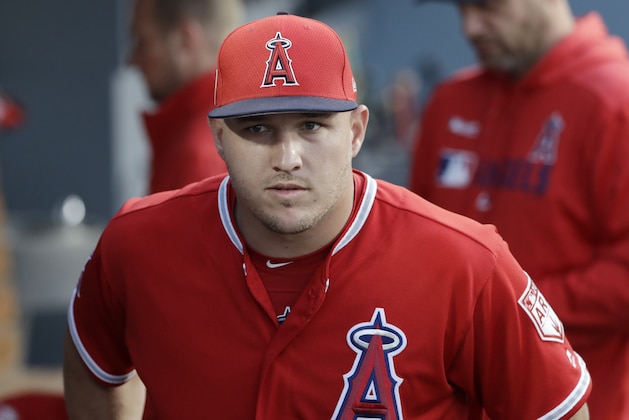 Los Angeles Angels' Mike Trout during a preseason baseball game against the Los Angeles Dodgers Tuesday, March 26, 2019, in Los Angeles. (AP Photo/Marcio Jose Sanchez)