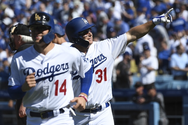 LOS ANGELES, CA - MARCH 28: Joc Pederson #31 of the Los Angeles Dodgers celebrates after hitting his second two run home run during the sixth inning against Arizona Diamondbacks at Dodger Stadium on March 28, 2019 in Los Angeles, California. (Photo by Kevork Djansezian/Getty Images)